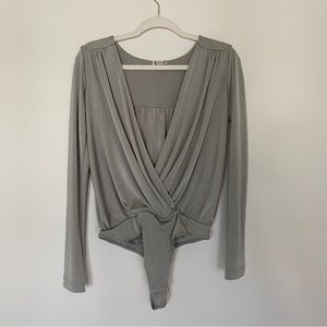Free People Intimately Silver/Grey Turnt Bodysuit with Surplice Neckline, Size M
